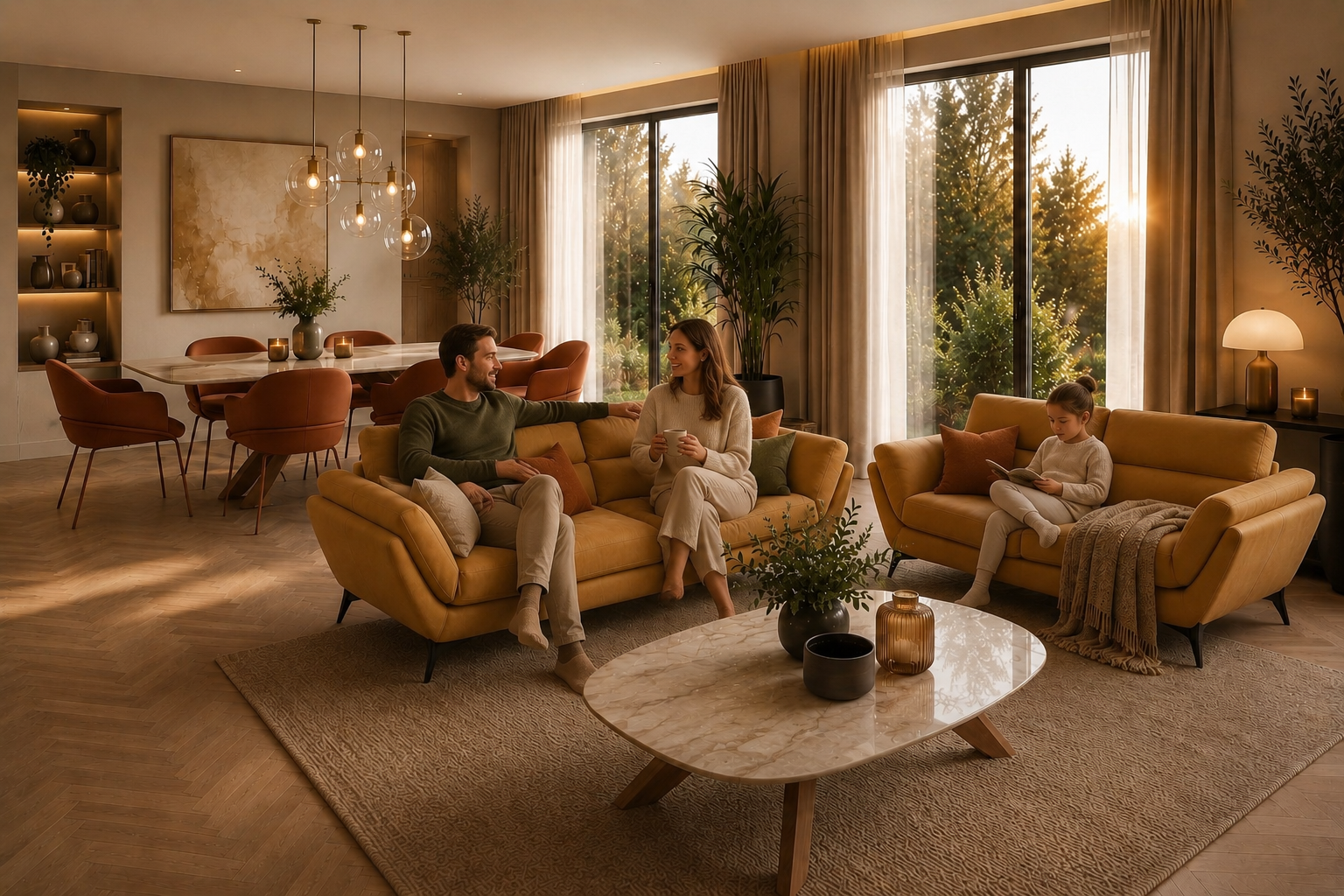 Rodina tráví společný čas v moderním obývacím pokoji s designovou pohovkou